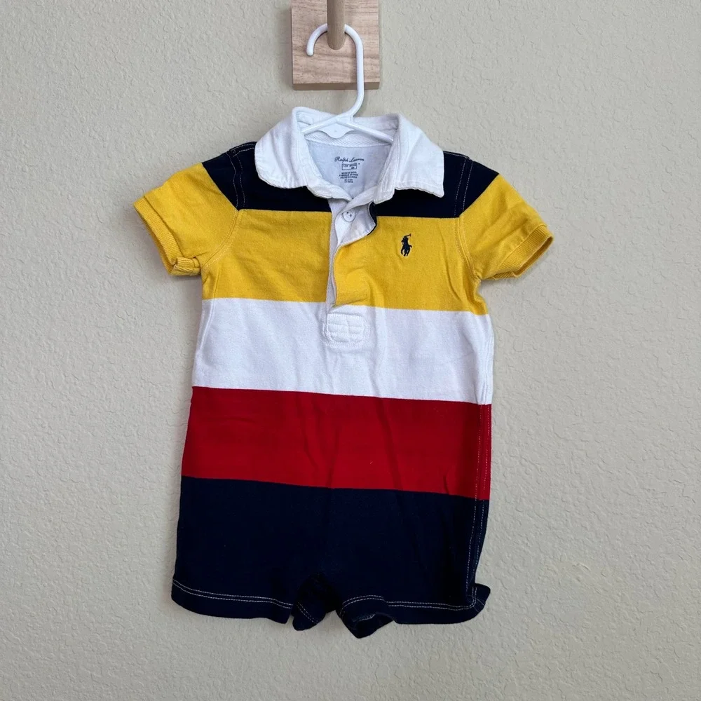 Ralph Lauren Baby Boy Multi-Color Striped Polo Romper 12M Navy Yellow Red White